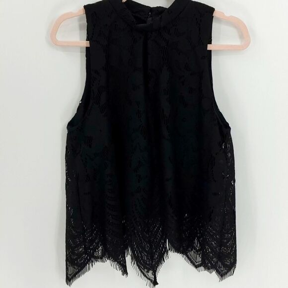 NWT lace satin black blouse. By love _Fire. Size large. Sexy Scalloped hem. - Picture 1 of 12